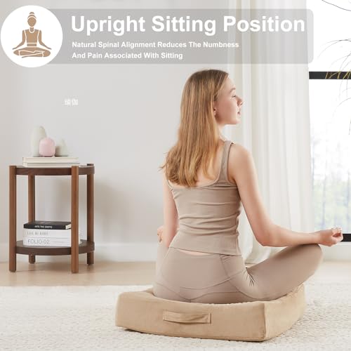 JKMAX 22 inches Floor Pillow for Adults - Large Meditation Cushion with Thick Foam & Soft Tufted Cover - Premium Outdoor Square Floor Cushion Seat - Yoga Pillows for Sitting On Floor - Khaki - color: Khaki, size: 1 Count