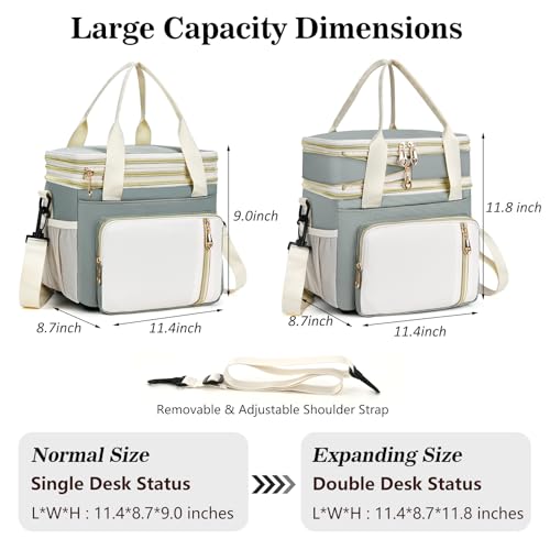 Lunch Box & Lunch Bag for Women Men, Expandable Large Insulated Adult Lunch Bag with Strap, Double Deck Leakproof Lunchbox Durable Cooler Bags for Work Picnic Beach,16L, Olive Green & White - color: Olive Green