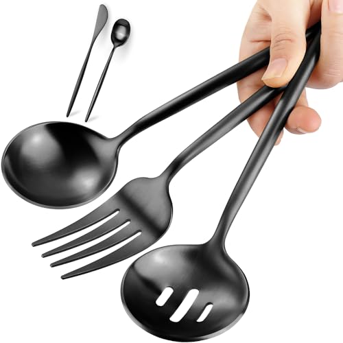 5-Piece Matte Black Stainless Steel Serving Utensils Set - Large and Slotted Spoons, Fork, Sugar Spoon, Butter Knife - Dishwasher Safe - color: Black