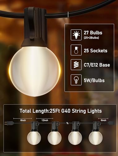 25FT Frosted White Lights G40 Globe Outdoor String Lights Patio Lights with 25 Frosted White Globe Bulbs - Black Wire - color: 25FT Frosted Black, size: 25 Feet