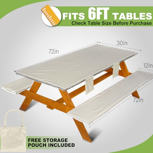 Picnic Table Cover with Bench Covers Vinyl Elastic Edges Fitted Rectangle Seat Tables Waterproof 3-Piece72X30in Set Outdoor Rectangular Folding Backing Tablecloth for Camping Over Size - color: Beige White, size: 72in