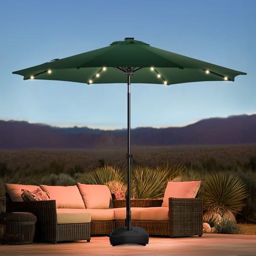 wikiwiki 9FT Solar Led Patio Umbrella with Base Included, 32 LED Lights, 8 Sturdy Ribs, Fade Resistant Waterproof POLYESTER DTY Canopy for Garden, Lawn, Deck, Backyard & Pool, Dark Green - color: Dark Green, size: 9FT