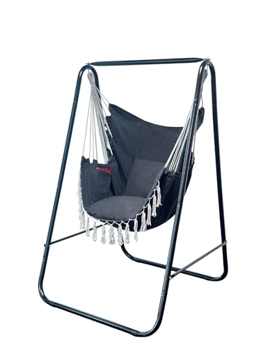 Hammock Chair with Stand,Heavy-Duty Hammock Stand with Large Indoor Swing,MAX Load 500 LBS,Hanging Chair with Stand for Indoor Outdoor,Swing Chair with 2 Cushions Included(Dark Grey) - color: Dark Grey