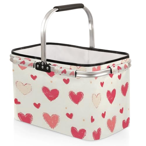 Pink Love Heart Picnic Basket Large Collapsible Market Baskets Portable Reuasble Shopping Bags with Handles for Camping Beach Travel - color: Gold