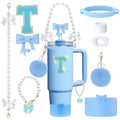 9pcs Stanley Cup Accessories Set- for 30oz 40oz Tumblers with Handle - Bule Kit Includes Bow Straw Topper and Boot, Charm, Pearl Handle Strap & Stickers - Aesthetic Girl Gifts (T) - color: T
