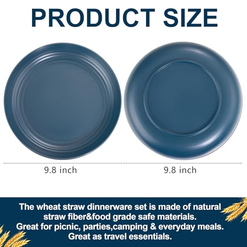 Supernal Dark Blue Wheat Straw Plates - 16pcs Dinner Set, Reusable, Unbreakable, Dishwasher & Microwave Safe for Camping, Picnic - color: Dark Blue