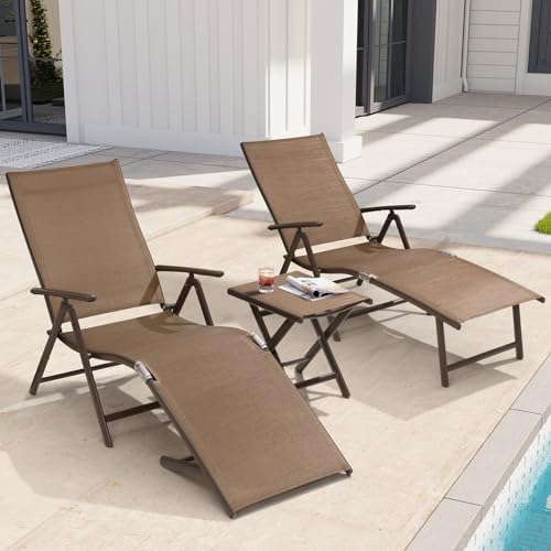 Crestlive Products 2PCS Chaise Lounge Chair Outdoor with 1PC Side Table, Aluminum Folding Patio Recliner Chair, Adjustable 8 Positions Assemble-Free - color: Brown, size: 3 Pcs
