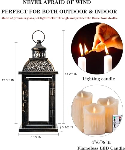 Lanterns Decorative Indoor&Outdoor, 14.4'' Large Black Square Hanging Lanterns, Vintage Metal Candle Holder for Outdoor Patio Front Door Porch Wedding Party Decor - color: Black / 14.4’’h