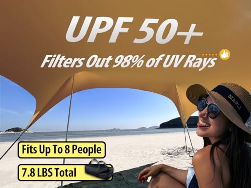10×10ft UPF50+ Beach Tent Sun Shelter, Windproof Stable Outdoor Pop Up Beach Shade Canopy for Camping, Fishing, Backyard Fun or Picnics, 2 Poles - color: Flaxen, size: 10×10 FT 2 POLES