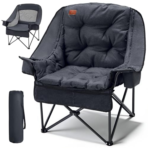 EVER ADVANCED XL Camping Chair with Detachable Cushion, Mesh Chair for Adults Foldable, Oversized Heavy Duty Folding Chair with Cooler Mesh Pocket Cupholder Outdoor Fishing, Supports 400LBS Black - color: Black, size: 1 P