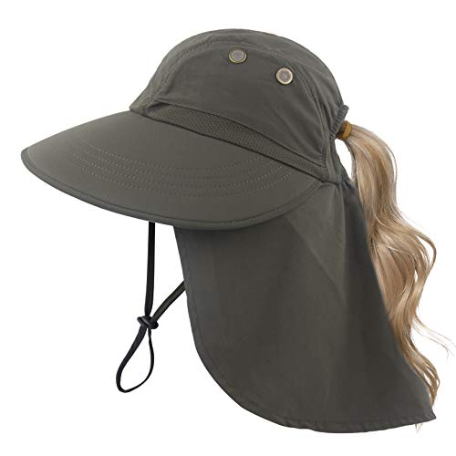 Muryobao Women's Sun Hat Outdoor UV Protection Foldable Mesh Hat Wide Brim Summer Beach Fishing Cap with Neck Flap - color: Army Green