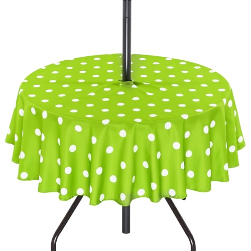 SquarePie 60'' Round Outdoor Tablecloth with Umbrella Hole Waterproof Zippered Table Cloth for Picnic Patio BBQs Backyard, Green Polka Dot - color: Green Polka Dot, size: 60" (Round)