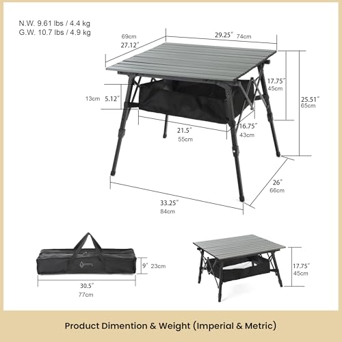 ARROWHEAD OUTDOOR 39" Aluminum Folding Camp Roll Up Table w/Adjustable Height, Undertable Mesh Storage, Carry Bag - color: Grey