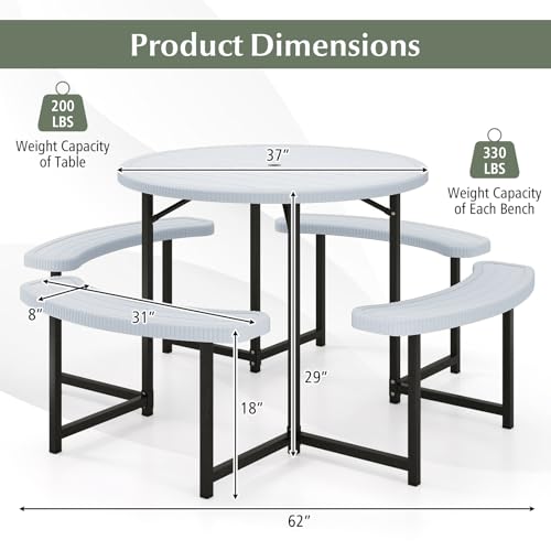 Byroce 8-Person Picnic Table for Outdoors, HDPE Picnic Table Set with 4 Benches, Umbrella Hole & Metal Frame, Heavy Duty Round Dining Table Chairs for BBQ Party in Patio, Yard & Poolside (White) - color: White