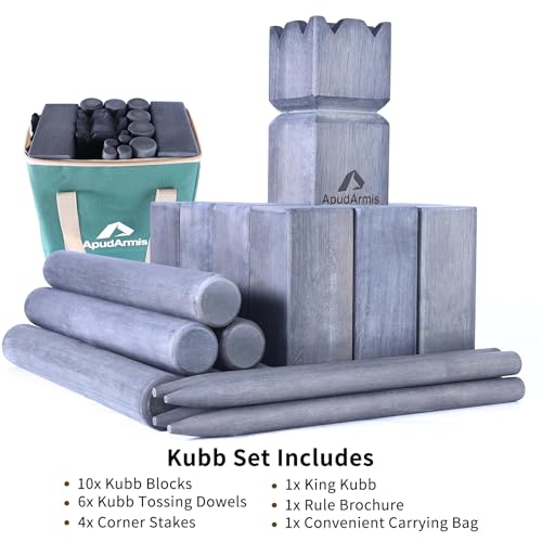ApudArmis Kubb Yard Game Set, Viking Chess Outdoor Clash Toss Yard Game with Carrying Case - Rubber Wooden Backyard Lawn Games Set for Teenagers Adults Family - color: Gray