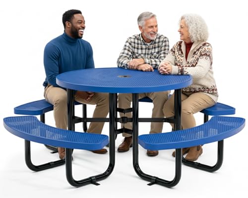 Metal Picnic Tables for Outdoors with Umbrella Hole - Coated Steel Heavy Duty Commercial Grade Furniture Set with Adjustable Seats (Blue, 46 in, Round, Punched Steel) - color: Blue, size: 46 In, Round, Punched Steel