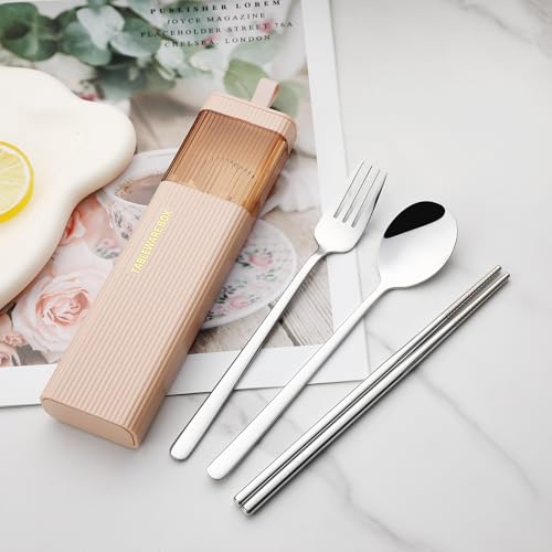 DEVICO Travel Utensils with Case, 18/8 Stainless Steel Reusable Silverware Set for Lunch Box, Portable Cutlery Set, Fork and Spoon Set for Camping, Lunch, Picnic, Workplace, School (Pink) - color: Pink