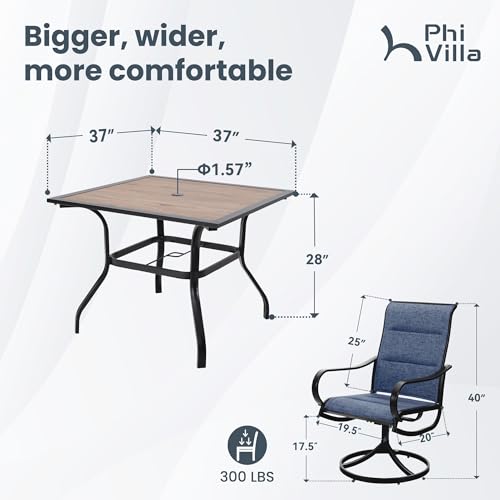 PHI VILLA 5 Piece Outdoor Patio Dining Set with 4 Padded Swivel Dining Chairs & 1 Wood-Look Dining Table, All Weather Blue Chair and Metal Table for Deck Lawn Garden - color: Blue Padded Fabric, size: 37"L x 37"W x 28"H-Wood-Look-5 Piece