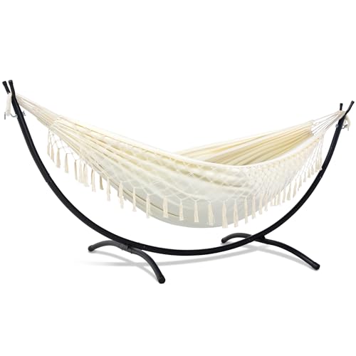 SUNCREAT Portable Outdoor Hammock with Stand Included, Double Hammock with Tassel for Outside, Beige - color: Tassel-beige