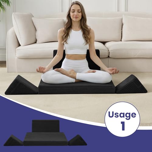 Meditation Cushion Set, Meditation Pillow for Sitting on Floor, Large Yoga Pillow with Knee Support, Washable Zafu Meditation Mat, 3 Shapes Floor Pillow for Adults, Black - color: Black