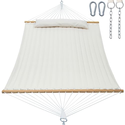 GAFETE Hammock 2 Person Quilted Fabric Hammocks for Outside, Double 12ft Hammocks with Spreader Bar, Large Removable Pillow, Storage Bag, Carabiners, Max 475 lbs Capacity (Dune Beige) - color: Dune Beige