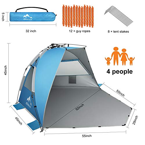 Oileus X-Large 4 Person Beach Tent Sun Shelter - Portable Sun Shade Instant Tent for Beach with Carrying Bag, Stakes, 6 Sand Pockets, Anti UV for Fishing Hiking Camping, Waterproof Windproof, Blue - color: Blue