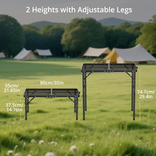 Anbte Portable Grill Table Max 29.5", 2 Adjustable Heights Folding Camping Table with Heat-Resistant Mesh Tabletop &Portable Handle, Waterproof, for Cooking BBQ Outdoor Patio, 31" X 22", Black - size: 35"l X 21.65"w X 29.4h"