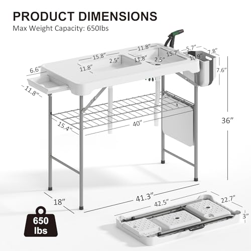 42.5" Fish Cleaning Table with Dual Sink, Portable Folding Camping Table with Faucet, Sprayer, Grid Rack, Hose Hook Up & Knife Groove, Outdoor Sink Station for Picnic Beach Patio - style: Fish cleaning table with dual sink