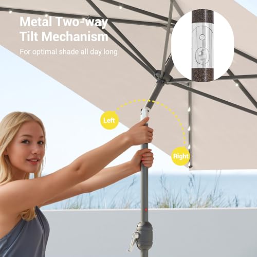 Rectangle Patio Umbrella with Solar Lights, 10 x 6.5ft Rectangular Outdoor Umbrella Table Market Patio Umbrella with Push Button Tilt and Crank for Garden, Deck, Backyard, Pool - color: Beige