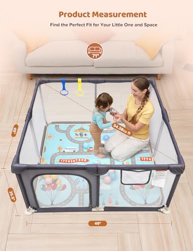 Dripex Baby Playpen with Mat, 47"x47" Play Pen for Toddlers 1-3 Years, Soft Breathable Visible Mesh, Indoor/Outdoor Portable Play Yard with Mat, Safe Baby Fence Play Area, Grey - color: Grey, size: 47"×47" with Mat