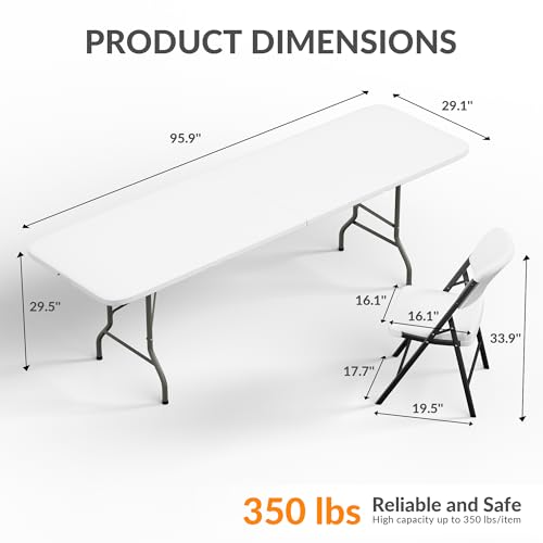 Elevon Folding Table Set with 10 White Folding Chairs,8 Feet Heavy Duty Fold-in-Half Utility Table Sets for Picnic, Event, Training, Outdoor Activities, at Home and Commercial Use - size: 8 feet, style: With 10 Chair