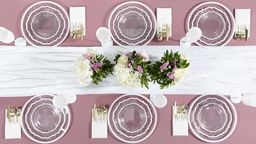 PLASTICPRO 32 Pack Elegant Disposable Plastic Plates Combo Set Includes 16 Dinner Plates and 16 Salad Plates Heavy Duty Fancy Party Plates Clear & White Contemporary Design - color: Clear & White Contemporary