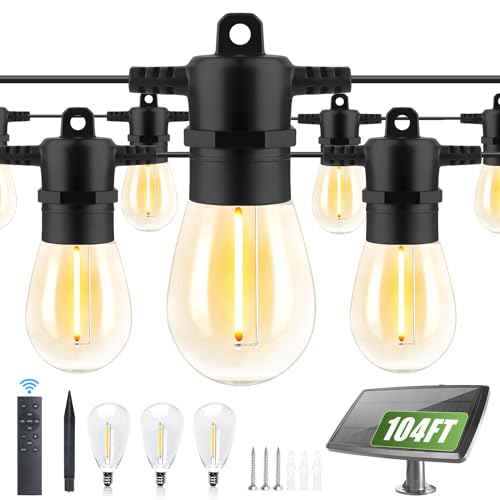 Yusist 104FT(98+6) Solar String Lights Outdoor Waterproof, Solar Powered Patio Light with 30+2 Dimmable S14 Edison Bulbs Shatterproof & Remote Control, Solar String Lights for Outside Garden Backyard - size: 104ft