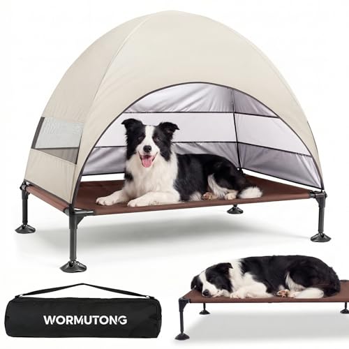 Elevated Outdoor Dog Bed with Canopy, Raised Dog Cot with Stable Adjustable Feet, Dog Camping Bed with Larger Shade, Lifted Dog Tent Bed with Canopy for Outside (Beige, Large) - color: Beige, size: Large