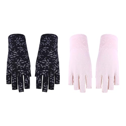 Lightweight Summer Fingerless Gloves Men Women UV Sun Protection Driving Cotton Gloves Nonslip Touchscreen Mittens - color: 2pairs-pink+floral Black