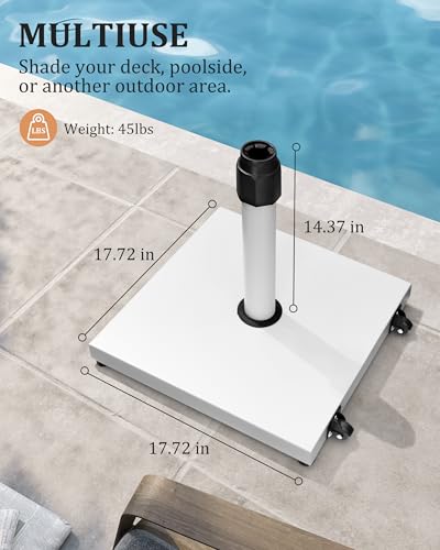 45lbs Patio Umbrella Base - Heavy Duty Outdoor Patio Market Umbrella Stand for Deck with Rollers, Poolside, Balcony, Wind-Resistant Design, White - color: White