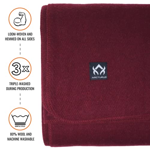 Arcturus Military Wool Blanket - Warm, Thick, Washable - Great for Outdoors, Camping, Stadium Blanket, Picnics, Travel - Car & Bushcraft Survival Kits - color: Wine
