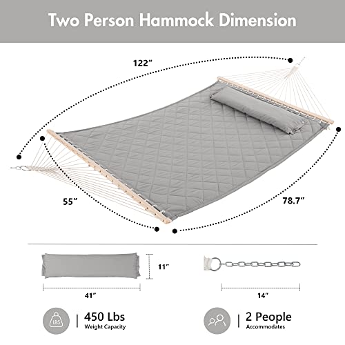 ANOW Heavy Duty Hammock with Spreader Bars and Detachable Pillow, 2 Person Hammock for Outdoors Indoors, 450 LBS Weight Capacity, Light Gray - color: Light Gray, size: 2 Person Without Stand
