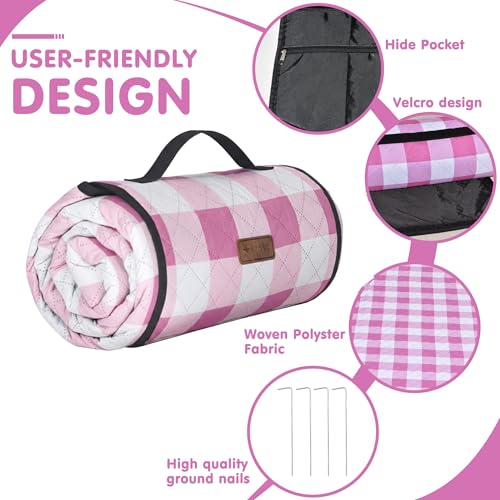 HX&OD Outdoor Picnic Blanket, Extra Large, 80''x60'' Waterproof Foldable Blankets Gingham Picnic Mat for Beach, Camping Grass Lawn Park Accessories Cute Couple Ideas Wedding (Pink, 80”x60”) - color: Pink, size: 5' x 6'8" (Square)