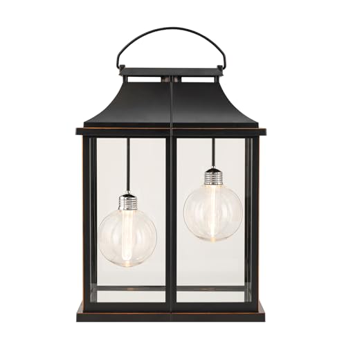 Modern Farmhouse Lanterns, Black Plastic Clear Glass Shade Lanterns Decor –3AA Battery Powered, with 2 G100 LED Vintage Bulbs & Timer(6/18),Ideal for Porch, Patio, Indoor Tables & Mantelpiece.