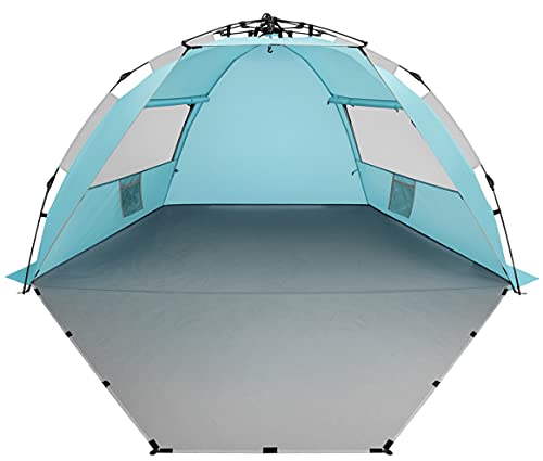 Oileus X-Large 4 Person Beach Tent Sun Shelter - Portable Sun Shade Instant Tent for Beach with Carrying Bag, Stakes, 6 Sand Pockets, Anti UV for Fishing Hiking Camping, Waterproof Windproof, Sky Blue - color: Sky Blue
