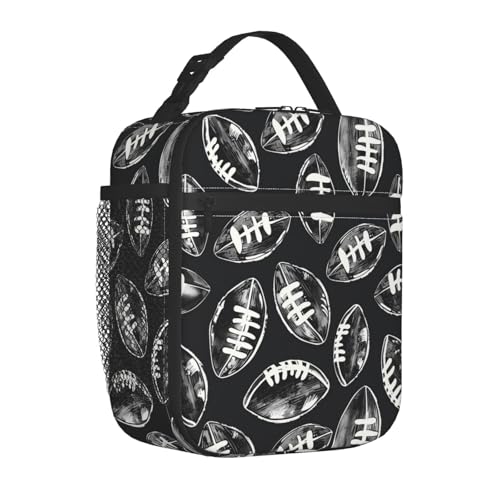 Reusable Football Lunch Box for Kids Girls Boys Women Adult, Insulated Black and White Sport Lunch Bag,Polyester Cooler Handbags Case for School Picnic Work Travel Beach or Hiking - color: Football 01
