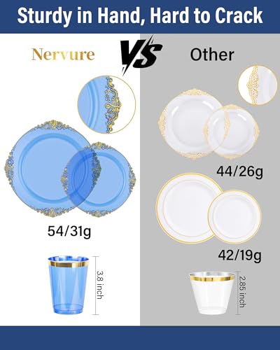 Nervure 350PCS Blue Plastic Plates - Blue Plastic Dinnerware Sets for 50 Guests - 100 Disposable Plates, 150 Gold Silverware, 50 Cups, 50 Napkins for Wedding & Party - color: Transparent Blue