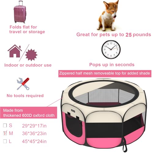 Portable Pet Puppy Dog Cat Playpen, 8-Panel Indoor/Outdoor Puppy Pen with Shade Cover & Travel Bag - Waterproof Dog Cat Tent - color: Pink, style: Medium(36"x36"x23" with free bonus)