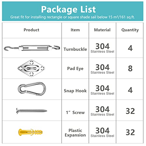 Shade Sail Hardware Kit, 6 Inch 304 Marine Grade Stainless Steel Sun Shade Hardware Kit for Triangle/Rectangle/Square Sun Shade Sails Installation (80 PCS) - size: 6#-80pcs, style: Classic