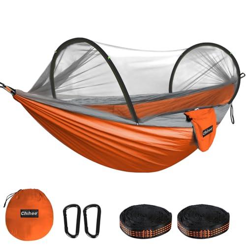 Chihee Ultra-Light Travel Camping Hammock Pop-up Net Hammock 660lbs Load Capacity,Breathable,Quick-Drying Parachute Nylon 2 Premium Carabiners,2 Tree Slings Included for Outdoor Backpacking Hiking - color: Orange/Grey
