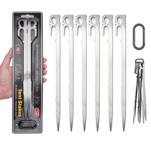 Tent Stakes 6-PCS - Camping Essentials for Tent Camper. Stainless Steel Heavy Duty Ground Stakes, Light Weight Camping Essentials, 11 inch 2.47 oz, Tent Accessories by LI JIU® - size: 11 Inch 6 Pcs