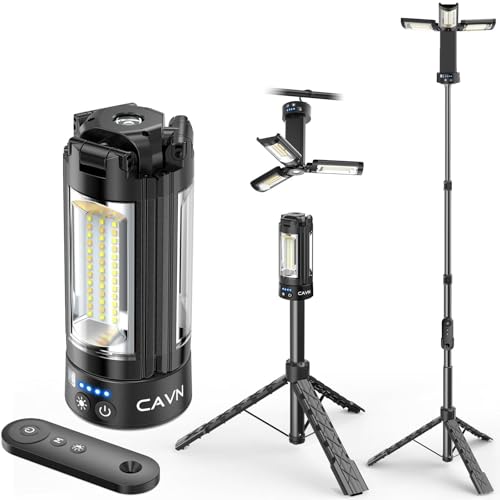 CAVN Rechargeable Camping Lights with Remote & Detachable Tripod Max Height 6.0 ft, Portable Work Light with 3 LED Lamp Heads, Camping Essentials Gear Emergency Flashlight with Hook, Black - color: Black