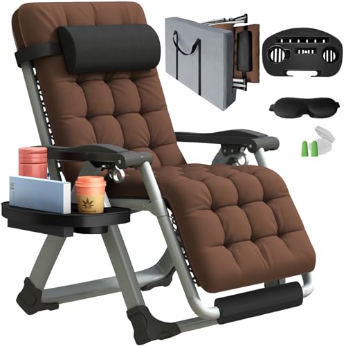 XL Zero Gravity Lounge Chair 29", Oversized Padded Folding Recliner for Patio with Storage Bag, Removable Cushion, Footrest, Full Aluminum Lock & Large Cup Holder, Supports 450 lbs, Brown - color: 29in - Brown