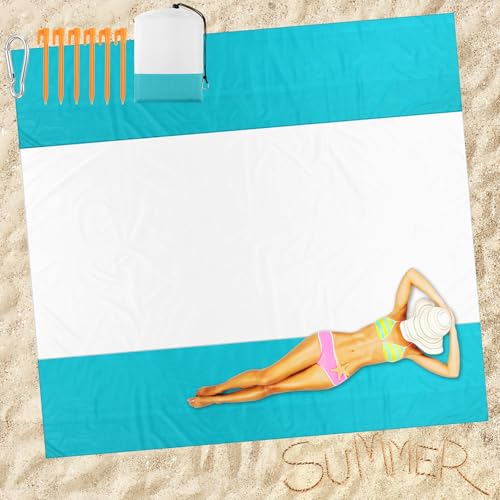 Drydiet Extra Large Beach Blanket Sandproof Waterproof 10 x 9 ft Beach Mat for 2-8 Adults Oversized Quick Drying Outdoor Picnic Blanket Lightweight Sand Free Mat for Travel Camping Hiking(White Cyan) - color: White Cyan